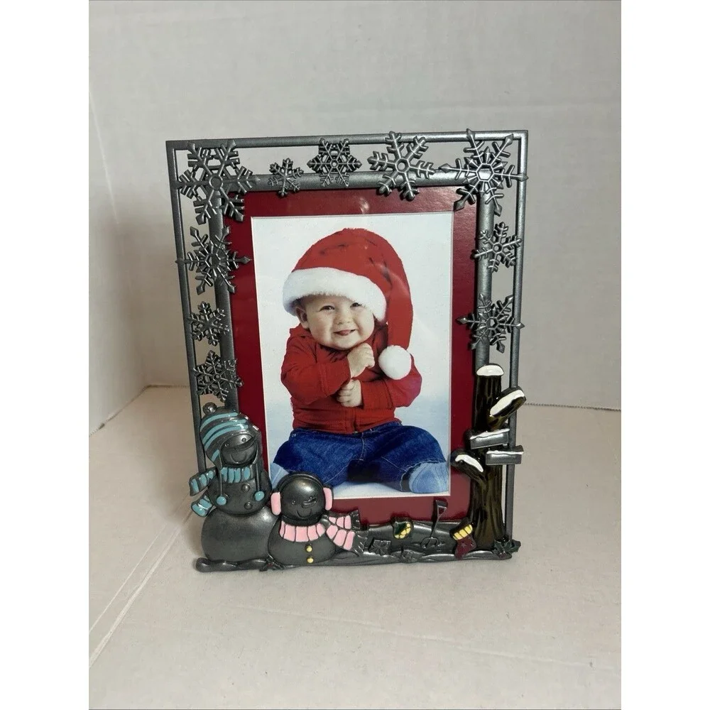 Christmas Winter Snowman Pewter Picture Frame 4x6/5x7 Holiday Decor New Open Box